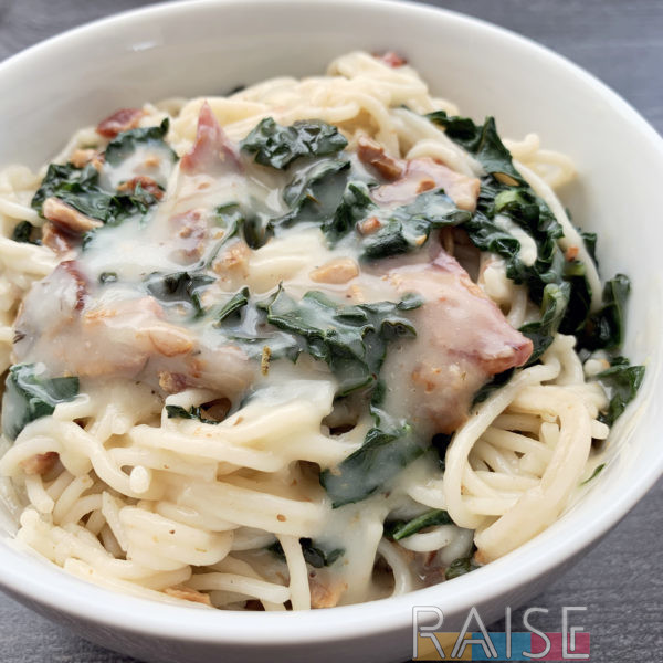 Gluten Free, Top 8 Allergy Free Creamy Bacon & Kale Pasta by The Allergy Chef