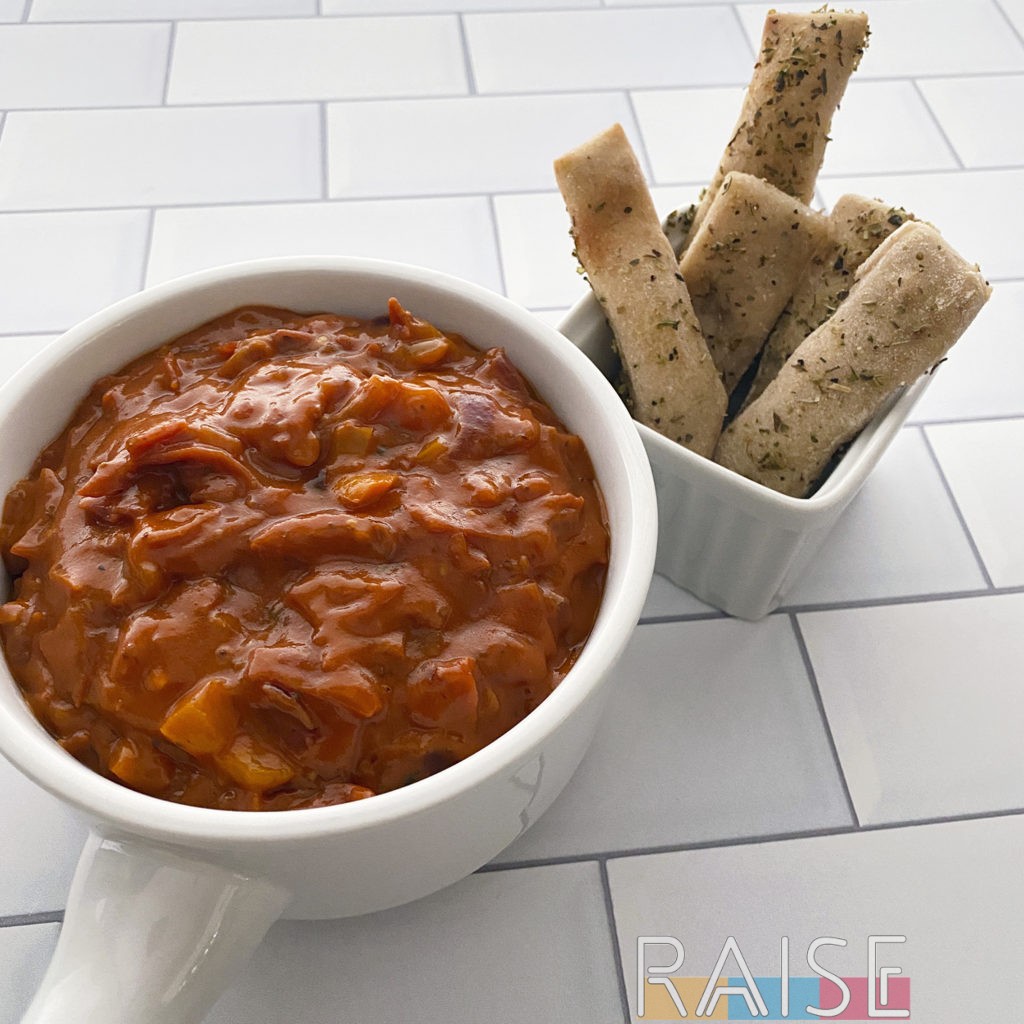 Pepperoni Pizza Dip with Pizza Dough Bread Sticks by The Allergy Chef